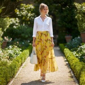 Ralph Lauren Yellow Floral Georgette Chiffon Maxi Skirt